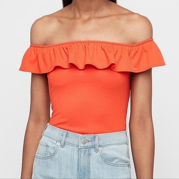 Express Tops - Express red orange ruffle off the shoulder ribbed bodysuit XL